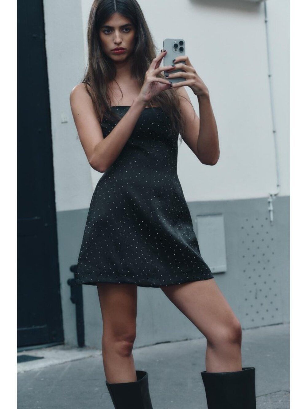 Zara Women Short Satin Dress Medium Black Rhinestones Straight Neck 3152/281 NWT
